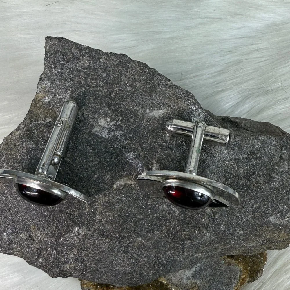 Vintage Anson Silver Tone Oval Red Cab Cuff Links